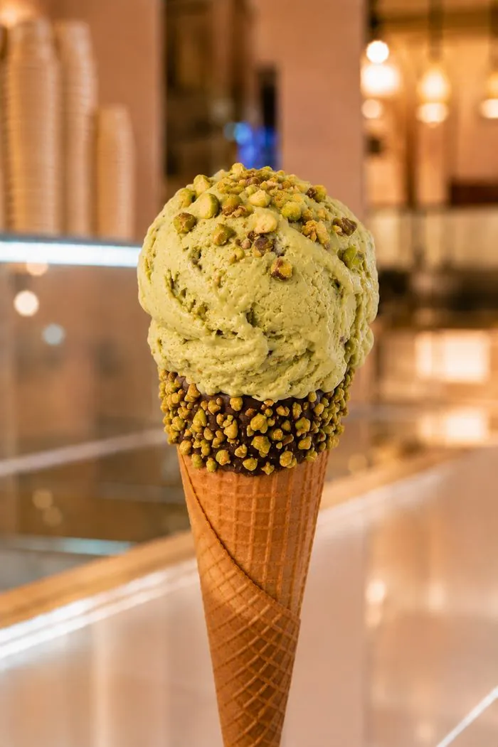 Pistachio gelato scoop at Chanté Gelato, Hersonissos